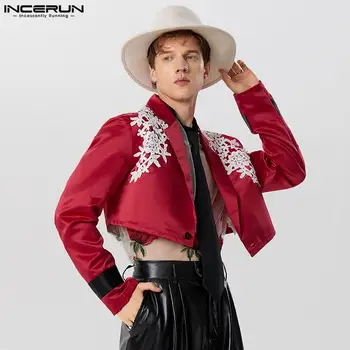INCERUN Tops 2023, повседневный новый мужской блейзер в американском стиле с декоративным цветочным рисунком, стильные укороченные пиджаки с длинными рукавами