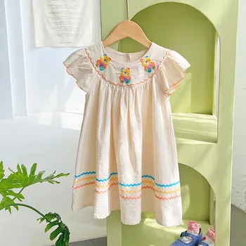 хлопковое детское платье для маленьких девочек, изысканное платье с коротким рукавом, вышитое разноцветным медведем