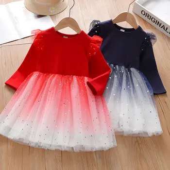 Однотонное платье с пайетками для девочек, весна-осень 2023, новое модное детское сетчатое платье принцессы с длинными рукавами и блестками