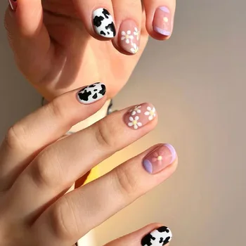 Черный белый хит Цвет нерегулярные узор носки ногтей милые цветы фиолетовый съемный накладные ногти нажмите на ногти с клеем