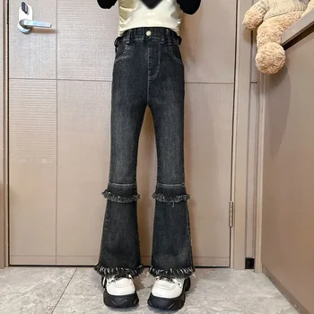 Расклешенные брюки для девочек С утолщенной флисовой подкладкой 2023 Новый осенний детский образ Более высокие и стройные эластичные джинсовые брюки