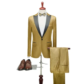 Модные роскошные платья для свадебной вечеринки, золотые / серебряные костюмы для выступлений на сцене, мужские приталенные блейзеры и брюки из 2 предметов