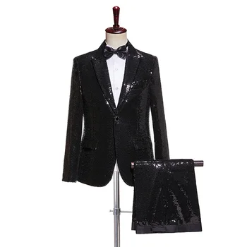 Блестящий Черный мужской костюм с пайетками, свадебный костюм Жениха, сценический костюм для выпускного вечера, Модный мужской пиджак на одной пуговице, Комплект брюк, 2 шт.