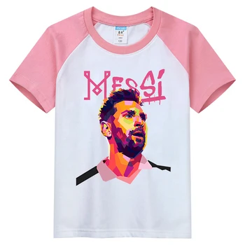 Детская одежда с принтом аватара Месси, детская летняя контрастная футболка с короткими рукавами, розовые топы для мальчиков и девочек