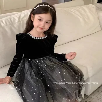 Новое осенне-зимнее платье для девочек, новое маленькое черное платье со звездной юбкой, газовое платье принцессы.