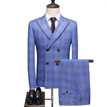 Модный Новый мужской двубортный клетчатый костюм, пальто, брюки, комплект из 2 предметов/Мужские приталенные деловые свадебные блейзеры, куртка, брюки