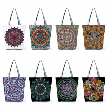 Изготовленная на заказ сумка-тоут с цветочным принтом Мандала, женская Эко-сумка для покупок многоразового использования, складные сумки с цветочным принтом для леди, дорожные пляжные сумки