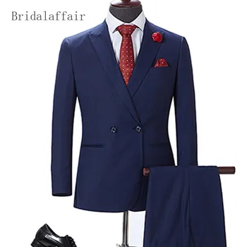 Мужской костюм Bridalaffair Темно-синий официальный мужской костюм из смесовой шерсти, блейзер, смокинг жениха для выпускного вечера, свадебный пиджак с брюками, 2 предмета