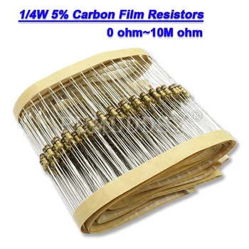 100ШТ 1/4 Вт Углеродные Пленочные Резисторы 5% 1R-10M 1K 10K 4K7 100K 560K 1M 3M3 Ом Цветное Кольцевое Сопротивление 10R 47R 100R 220R