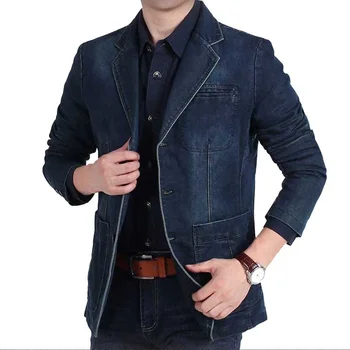 Новый модный джинсовый блейзер, куртка, мужской деловой повседневный приталенный костюм, джинсовое пальто, офисный военный Винтажный хлопок
