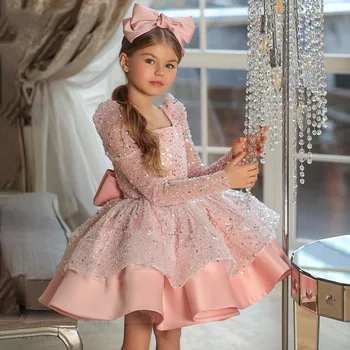 Платья для девочек из Европы и США, платье принцессы с блестками и бантом, одежда для выступлений с длинными рукавами от 3 до 10 лет