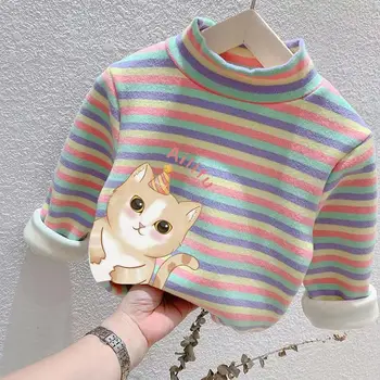 Детский теплый свитер 2022 г., Нижняя рубашка с полуприлегающим воротом Для девочек, Осенне-зимняя Бархатная футболка с длинными рукавами для детей 2-10 лет