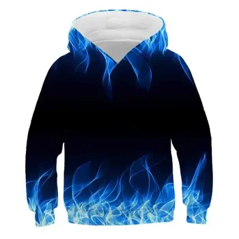 Толстовка blue Flame для мальчиков с 3D цифровым огненным принтом, пуловер с капюшоном, осень 2023 года, Повседневные забавные толстовки, Уличная одежда