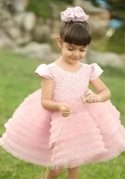 Розовое пышное праздничное платье для девочки, Многоуровневая тюлевая пачка, Детское платье для дня рождения, Свадебное платье с цветочным узором для девочек, платье принцессы для крещения детей
