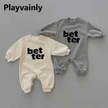 Комбинезон для маленьких мальчиков и девочек из хлопка с круглым вырезом и надписью с длинным рукавом, комбинезон с открытой промежностью, одежда для новорожденных E22X12