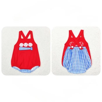 Оптовая Продажа Детский Комбинезон с вышивкой для бейсбола Для новорожденных, Красный комбинезон для малышей, Хлопковая цельнокроеная одежда в клетку для маленьких мальчиков