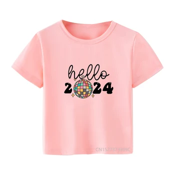 Розовая футболка для девочек 2024 года, хиппи, Заводная одежда с диско-принтом, Дети, Привет, 2024, Веселое Рождество, Дизайнерская футболка, Милая одежда для малышей