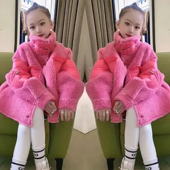 Розово-красное цельное флисовое пальто для девочек, зимнее новое Корейское комбинированное пальто из композитного меха из цельного флиса ягненка