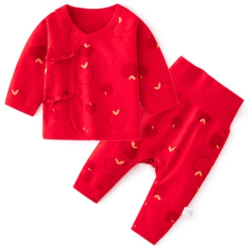 Комплект осенней одежды для новорожденных девочек и мальчиков из 2 предметов, красные Милые хлопковые мягкие топы с длинными рукавами + брюки, детская бутик-одежда BC1127-1
