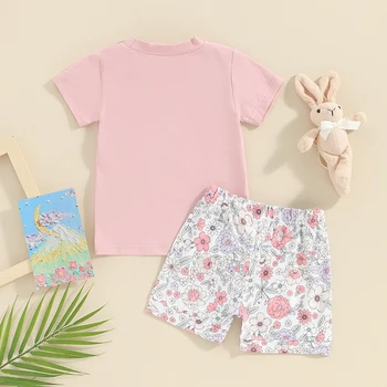 Пасхальный наряд для маленькой девочки, футболка с кроликом, короткий рукав, приветствие моим цыпочкам, топ, шорты с морковным цветочным рисунком, Летняя одежда