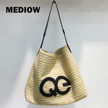 Пляжные сумки MEDIOW для женщин, роскошная дизайнерская сумка и портмоне 2023 года, новое украшение из букв травяного переплетения, внутренний карман на плече