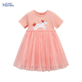 Little maven 2024 Летняя одежда принцессы для маленьких девочек Хлопчатобумажная детская одежда с мультяшной вышивкой, сетчатые платья с единорогом