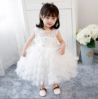 Детские праздничные платья для девочек, платье принцессы с белым цветком на 1-й день рождения, платье для крещения ребенка, пачка, свадебное платье для девочек, детские платья