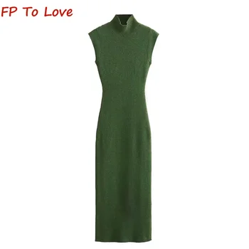 Зеленое платье с запахом без рукавов с высоким воротом, вязаное Винтажное платье с запахом, сексуальное нижнее платье на бретелях 3471105