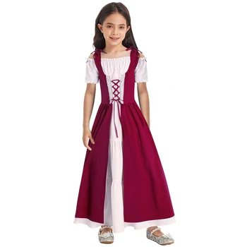 2023 Детское платье средневекового Ренессанса для девочек, Винтажный костюм для косплея на Хэллоуин, Маскарадное платье с коротким рукавом и высокой талией на шнуровке, Праздничное платье для вечеринки