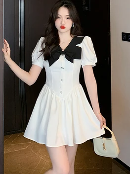 Женское Модное Мини-платье с кукольным воротником в стиле пэчворк, Летнее Белое Элегантное платье Kawaii 2023, Корейское Облегающее платье с оборками для вечеринок, Vestidos