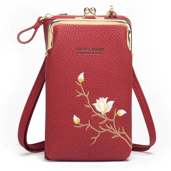 2024 новая нишевая сумка с вышивкой из искусственной кожи, женская мини-сумка для телефона через плечо, длинный модный женский кошелек, кошелек