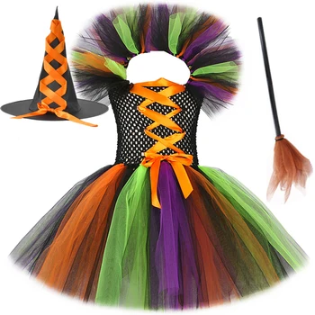 Костюм ведьмы на Хэллоуин для детей, нарядное платье-пачка для девочек, праздничная шляпа, детская метла, Пурим, карнавальная вечеринка, косплей, наряды