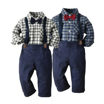 Детская одежда Ранней осени, брюки на подтяжках, костюм, разноцветная рубашка в клетку с длинными рукавами, галстук-бабочка, британский комплект из двух предметов, One Pie