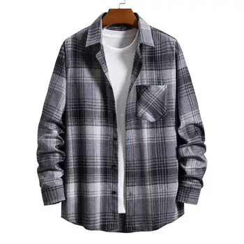 Однобортное пальто-рубашка, Мужской кардиган в клетку с принтом, Стильное пальто-рубашка средней длины с отложным воротником, однобортный дизайн