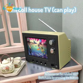 Ретро-мини-телевизор Можно воспроизводить, мультяшная игрушка, кукольный домик, модель сцены, миниатюрная телевизионная модель, игрушки, кухонная мебель, воспроизводимое видео