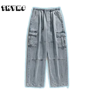 Новые джинсы-карго с множеством карманов, мужские модные повседневные брюки в стиле хип-хоп, прямые мешковатые широкие джинсовые брюки, мужская уличная одежда в стиле ретро