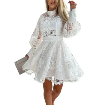 Женское мини-платье с вышивкой на талии, Весенне-осеннее платье с круглым вырезом, Элегантное Кружевное платье с длинным рукавом, Темпераментное вечернее платье для банкета