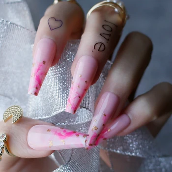 Розовое роскошное омбре длиной XL, акриловые ногти в форме гроба, цветущие накладные ногти из золотой фольги, балетные глянцевые ногти повторного использования, полный набор 24 шт.