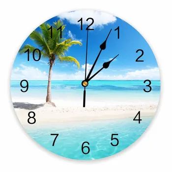Пальмы, море, пляж, Голубое небо, Белые облака, декоративные круглые настенные часы, индивидуальный дизайн, Не тикающие, бесшумные спальни, большие настенные часы