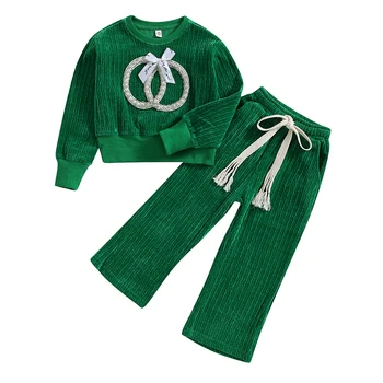 Осенне-зимняя одежда для маленьких девочек, вельветовый топ со стразами и тыквой, широкие брюки, комплект рождественских нарядов на Хэллоуин