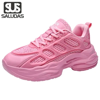 Женская спортивная обувь SALUDAS, повседневные кроссовки с толстой подошвой, износостойкие нескользящие резиновые мужские кроссовки, модные розовые кроссовки