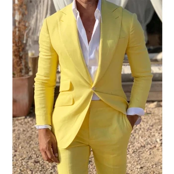 2023, Желтые Пляжные мужские костюмы, Приталенный Свадебный Смокинг жениха из 2 частей, Мужской модный костюм С отворотом, Блейзер С брюками