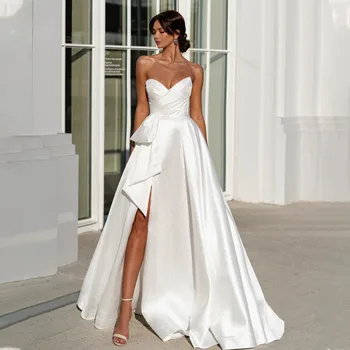 Популярные свадебные платья с V-образным вырезом, складками А-силуэта, большим бантом, разрезом по бокам, длиной до пола, свадебные платья Vestido de Noiva