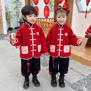 Детская Красная одежда, Летний костюм Тан Для девочек, Новогоднее пальто для Маленьких Мальчиков, Новогодняя Зимняя одежда Для Маленьких Праздничных Мужчин Hanfu