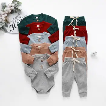 Для Новорожденных Девочек и мальчиков, Весенне-осенние Комплекты однотонной одежды в рубчик /клетку, Боди с длинным рукавом + Эластичные брюки, Комплекты из 2 предметов
