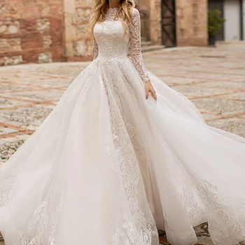 Роскошное свадебное платье принцессы 2023 с длинным рукавом, скромные Vestidos De Novia, аппликации, Vestido De Noiva, Кружевное платье Марии