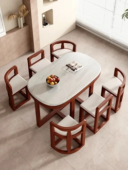 Сочетание обеденного стола и стула из массива дерева, простая современная мраморная столешница, экономия места в доме, обеденный стол на 6 персон