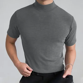 B8251 Мужская тонкая футболка, однотонная Водолазка с высоким воротом, Короткий рукав, Уличная одежда, Повседневная мужская одежда для фитнеса, 2023, Досуг