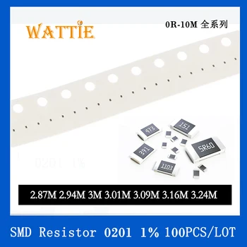 SMD резистор 0201 1% 2,87 М 2,94 М 3 М 3,01 М 3,09 М 3,16 М 3,24 М 100 шт./лот микросхемные резисторы 1/20 Вт 0,6 мм *0,3 мм