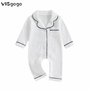 Комбинезоны VISgogo для маленьких мальчиков и девочек, комбинезон с длинным рукавом и воротником-лацканами, пижамы на пуговицах, домашняя одежда для новорожденных